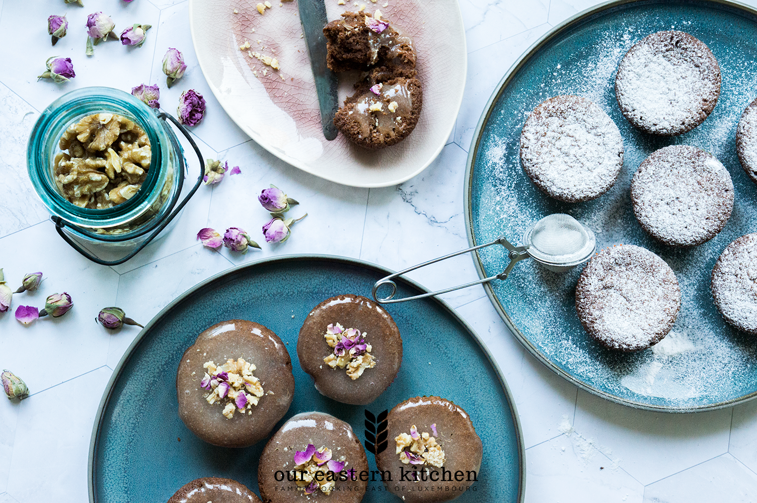 Our Eastern Kitchen - Most Delicate Chocolate Cupcakes with Lemon Glaze, Rose Petals and Walnuts - Recipe - Food Photography